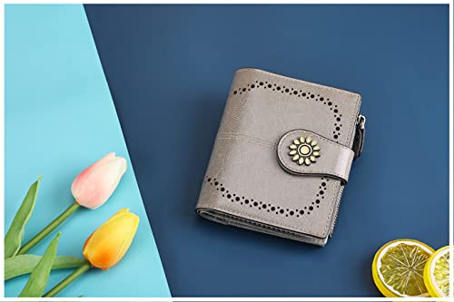 Womens Leather Wallet Small Compact RFID Blocking Credit Card Case Purse with Zipper Pocket | Small - color: Gray