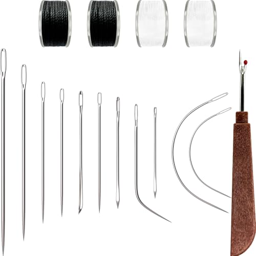 VONEEDL Heavy Duty Sewing Needles (11 PCS) & Waxed Thread (2 Black and 2 White Colors) - Upholstery Repair Kit for Leather, Canvas, Quilting & More - size: 11 Needles + 2 Black & 2 White Thread Rolls