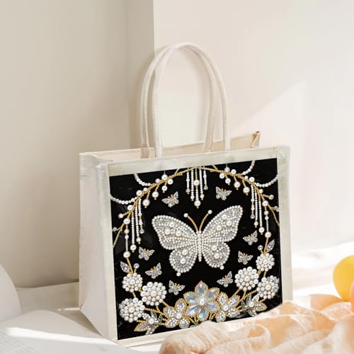 Xylzzuit DIY Pearl Painting Canvas Tote Bag Kit 11.42IN Diamond Art Handbag for Women Shopping Grocery Bag Dots Beads Art Craft Gift (Butterfly) - color: Butterfly