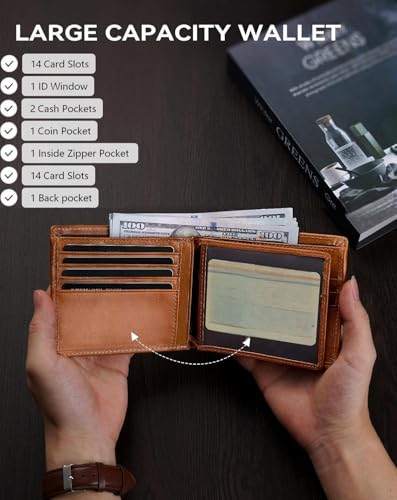 YINGWDA Wallet for Men, Large Capacity Genuine Leather Bifold RFID Blocking Wallet with Coin Pocket, Zipper Pocket Inside,14 Card Slots, Back pocket, ID Window & 2 Cash Pocket (Light Brown) - color: Light Brown