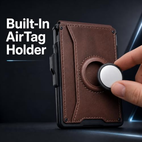 Coffee AirTag Wallet for Men, RFID Blocking Minimalist Bifold Pop Up Aluminum Card Holder, PU Leather Wallet with Money Clip ID Window, 9-13 Cards, Gift for Men, AirTag Not Included by Sooshoom - color: Coffee