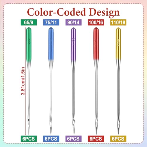 30 Pcs Universal Sewing Machine Needles Denim Needle for Sewing Machine Regular Point HAX1 65/9, 75/11, 90/14, 100/16, 110/18 for Thick Fabric Leather Jeans Canvas (Bright Color)