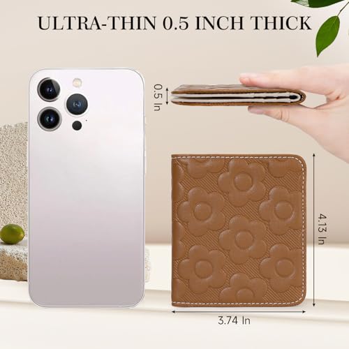 Small Wallet Women Slim RFID Leather Bifold Wallet Embossed Design | Compact design with ID window, card slots, and zipper coin pocket, ideal for daily travel, shopping, and gifts - color: 01-Brown