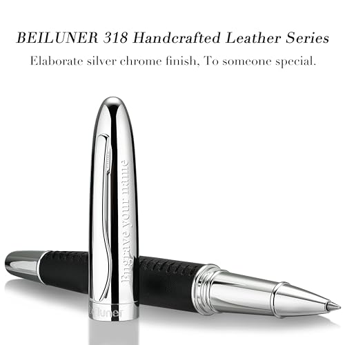 BEILUNER 318 Luxury Personalized Leather Pen, Hand-Stitched Premium Black Leather, Chrome-Plated Finish, Smooth Refill, Fancy Rollerball Pen Gift Set for Men & Women, Executive, Nice Designer pen - color: ,Black(Personalized)
