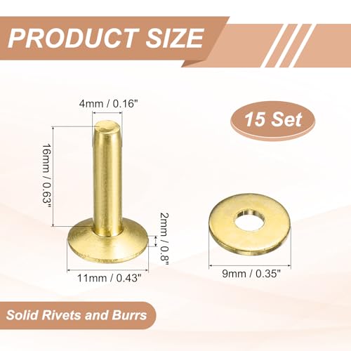 HARFINGTON 15Set Brass Rivets and Burrs Washers 11x4x16mm Dimpled Finish Solid Leather Rivet Fastener Studs Posts for Leather DIY Craft Belts Wallets Collars, Gold Yellow - color: Gold Yellow, size: 11x4x16mm