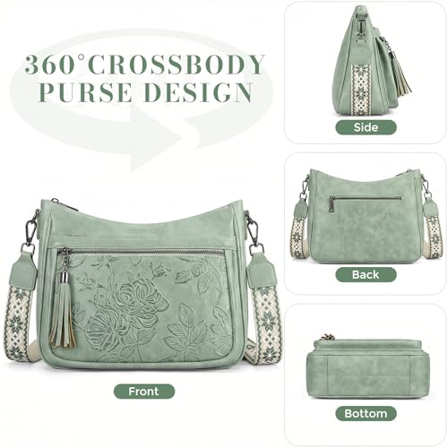 Crossbody Bags for Women, Medium Vegan Leather Purses | Large Capacity Multi-Pocket Embossed Shoulder Bag with Boho Strap for Daily Travel - color: Green