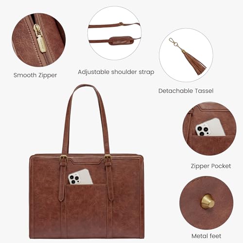 LOVEVOOK Laptop Tote Bag for Women,15.6 Inch Vintage Work Bag with Clutch,Large Leather Laptop Purse with Cup Holder for Teacher,Office - color: Brown, size: 15.6 inch