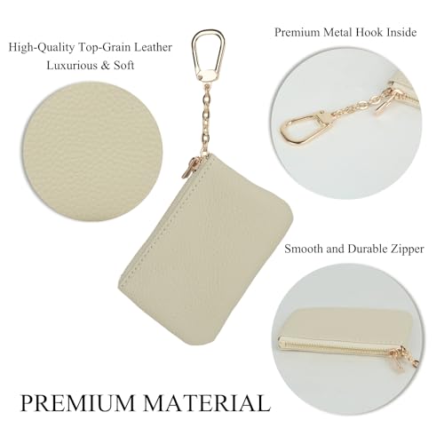 Full Grain Leather Coin Purse with Key Chain - Small Change Purse Keychain Card Holder Keychain Pouch Small Keychain Wallet for Women and Men (Creamy-white), LA-2312 - color: Creamy-white, Regular Size