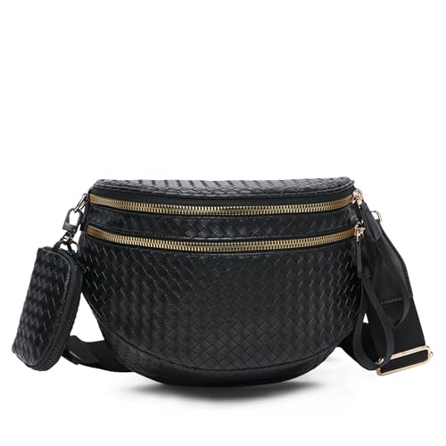 Woven Vegan Leather Bum Bag for Women, Crossbody Fanny Pack with Coin Purse | Removable 2-inch-wide strap adjusts to a 14–24.5-inch drop; dual zip compartments, reinforced hardware, 1.1-lb design - color: Black