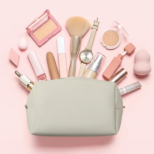 Kigeli Leather Makeup Bag PU Leather Cosmetic Pouch Wide-open Waterproof Toiletry Organizer with Dividers Travel Bag Birthday Valentine's Day Gifts for Women Friend Sister Daughter BFF(Beige) - color: Beige