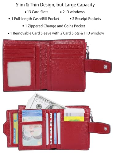 Women's RFID Blocking Leather Small Compact Bi-fold Zipper Pocket Wallet Card Case Purse with id Window - color: Lichee Wine