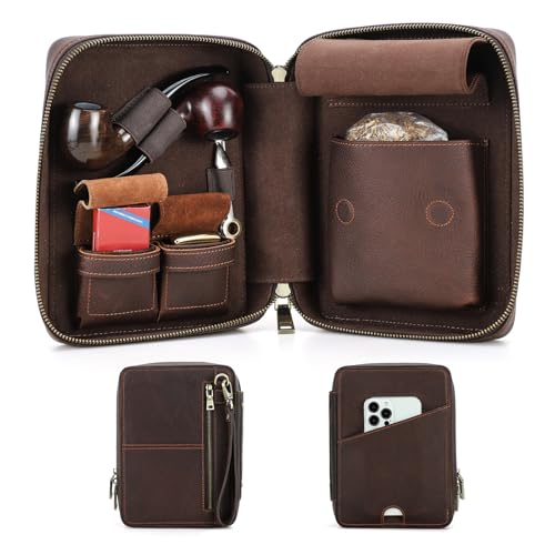 Hiram Leather Pipe Storage Box for Men Travel Smoking Accessories Organizer Case with Dual Pipe Holders Lighters Pockets Tobacco Pouch Portable Full Grain Leather Carrying Bag for Smoker Supplies