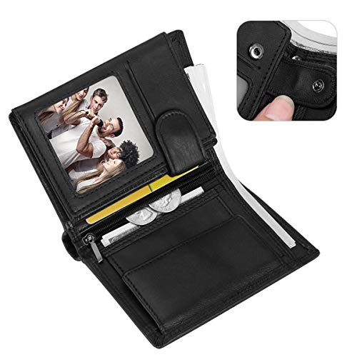Trifold Billfold RFID Blocking Cowhide Leather Wallet for Men 10 Card Slots 2 ID Windows with Coin Pocket - color: Black