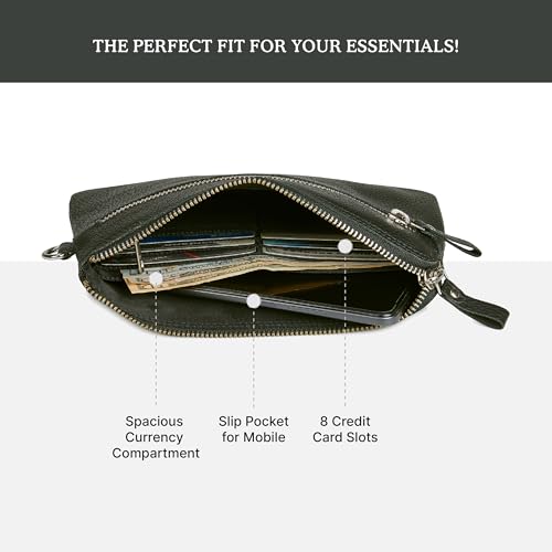 Leather Wristlet Wallet for Women Clutch Handbag Purse with Cell Phone Slot | Genuine Top Grain Leather, 8 Credit Card Slots, Detachable Strap, YKK Zipper, Gifts for Women - color: Black Nappa