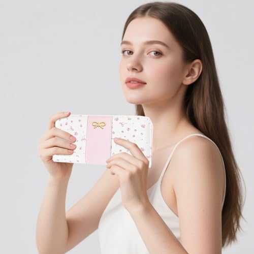 Floral Print Coquette Bow Long Wallet for Women (LONG-PINK) | Clutch Wallet, Phone Holder, Coin Pocket, 12 Card Slots - color: LONG-PINK