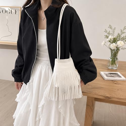 Women Mini Tassel PU Leather Crossbody Shoulder Bag Drawstring Bucket Bag | Small Fringe Cross body Bag Cell Phone Coin Purse Wallet - color: White