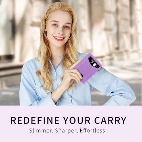 RFID Wallet Women: Stylish Security Metal Wallet for 10-12 Cards & 2 ID Windows - Smart Pop-Up Credit Card Holder & Cash Slot in Compact Trifold Design,Gift for Her(Purple) - color: Purple