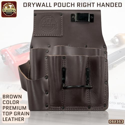 Graintex Drywall Pouch Brown Color Heavy Duty Top Grain Leather, Steel Hammer Holder, Drywall Tool Belt, Framers Tool Pouch, Construction, Carpenter, Electricians - OS2353