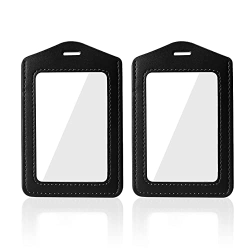 Larpur 2 Pack Leather Badge Holders, Double Sided Clear ID Badge Holder Vertical Card Holders for Work, School, Office (Black) - color: 2 Side Clear - Black Vertical