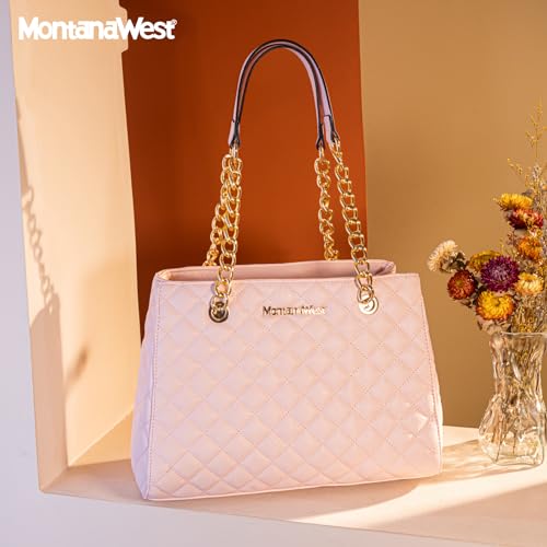 Montana West MEDIUM Tote Bag for Women Quilted Chain Handbags Shoulder Purse - color: A Pink
