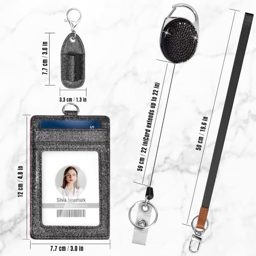Retractable ID Badge Holder with Lanyard, Belt Clip Key Ring, Pen Holder - color: Black