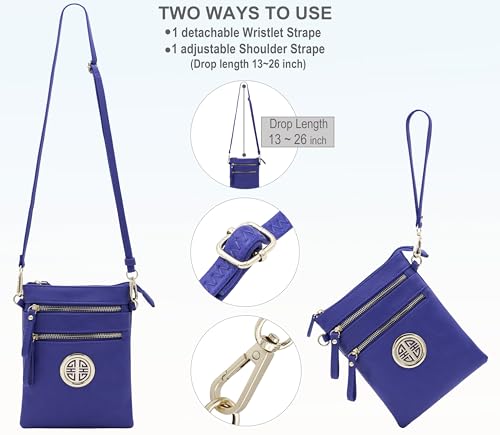 Solene Small Multi Zipper Pockets Crossbody Bag with Detachable Wristlet - color: Royal Blue