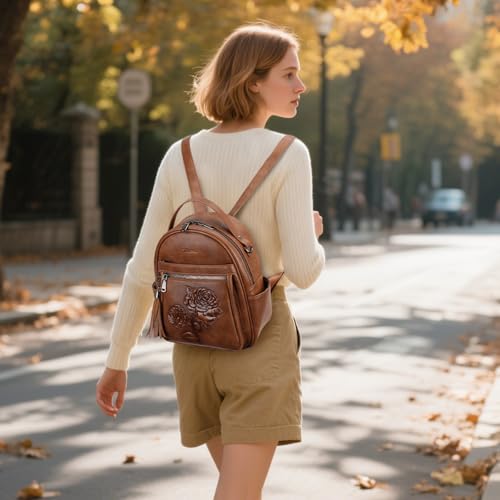 Mini Backpack Purse for Women,Vegan Leather Small Backpack for Daily | Embossed Lightweight Water-Resistance Travel Mini Fashion Daypack Bag,Ladies Casual Backpack Purse Gift Choice for Women - color: Brown-flower