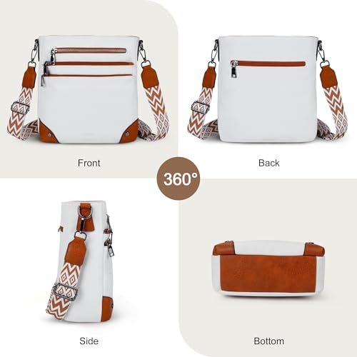 TANTOMI Crossbody Bag for Women PU Leather Travel Purse | Trendy Women's Shoulder Handbags, Comfort Adjustable Wide Strap, Water-Resistant, Multi Pockets for Daily Use & Travel - color: White/Light Brown