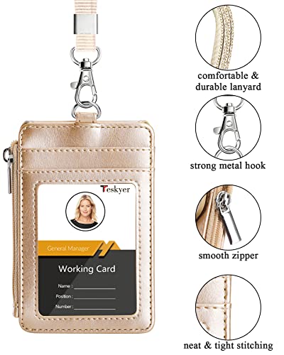 Teskyer Leather ID Badge Holder with Lanyard, Lanyard Wallet, Gold - color: Gold, size: 3.1" x 4.7"