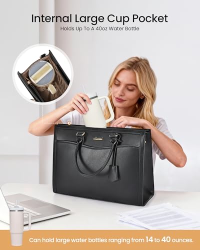 LOVEVOOK Laptop Tote Bag for Women, Large Work Computer Bag with Cup Holder - color: Leather/Brown Coffee, size: 17.3 Inch
