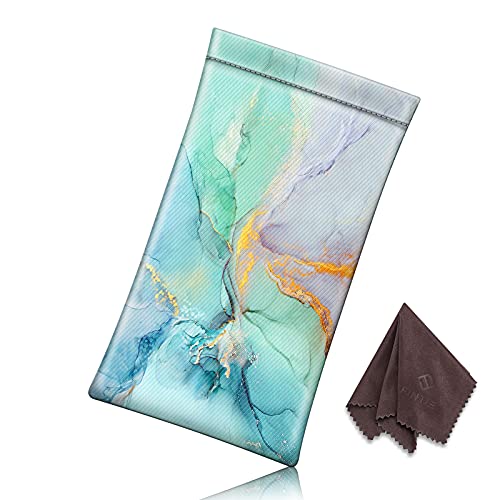 FINTIE Soft Eyeglasses Case with Cleaning Cloth, Squeeze Top Glasses Pouch | Sunglasses Eyewear Bag, Vegan Leather, For Reading /Prescription Glasses Storage, For Women Daily Carry - color: Emerald Marble