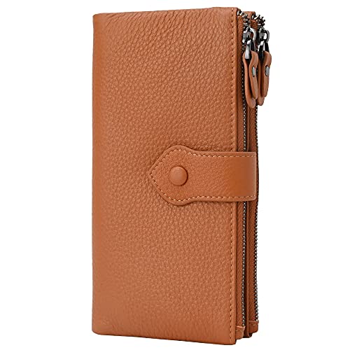 Bveyzi Women Soft Leather RFID Blocking Bifold Slim Wallets Ladies Credit Card Holder Double Zipper Pocket - color: Brown