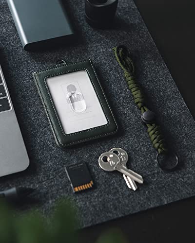 VULKIT ID Badge Holder with Lanyard for Women and Men Vertical Leather Badge Holder with Clear ID Window Card Holder Slot and Money Pocket Royal Green - color: Royal Green