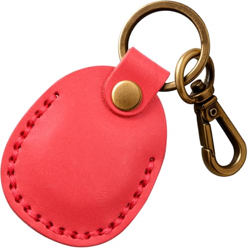Genuine Leather AirTag Holder Compatible with Apple AirTag 2nd Gen & 1st Gen, Handmade Leather Air tag Keychain with Key Rings, Hidden Air tags Case Accessories - Bright Red - color: Bright Red