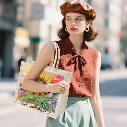Xylzzuit DIY Pearl Painting Canvas Tote Bag Kit 11.42IN Diamond Art Handbag for Women Shopping Grocery Bag Dots Beads Art Craft Gift (Sunflower) - color: Sunflower