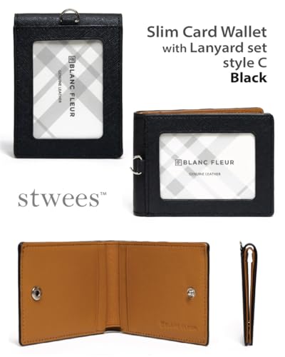 Slim Leather Lanyard Wallet, Folding Card Holder with Snap Button, ID Badge Neck Wallet Set (Two-Tone, Black) - color: Black, style: Two-tone