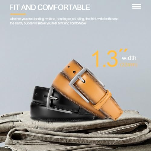 Men's Genuine Leather Dress Belts, 2 Pack, 1.32" Wide, | 100% genuine cowhide leather, handcrafted with classic prong buckles for business, casual, office, suit, jeans and daily wear - color: 02 Black Belt/Yellow Belt, size: Fits 30" to 34" waist