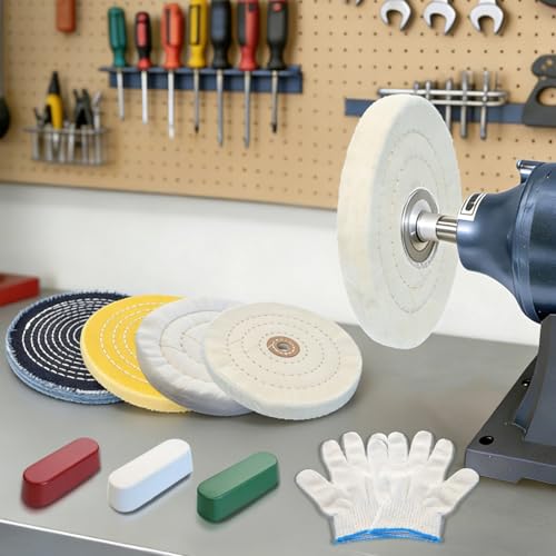 8Pcs 4 Inch Polishing Buffing Wheel Kit for Bench Grinder | 1/2" Arbor Hole Buffing Wheels with 3 Polishing Compound and Gloves for Metal,Stainless Steel,Jewelry,Wood,Glass,Ceramic ect - size: 4 Inch
