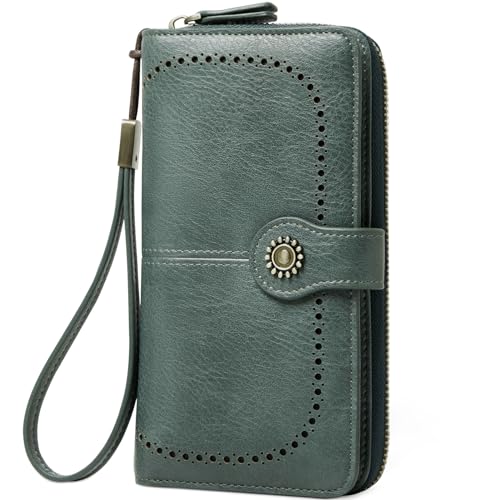TFKGS Wallet for Women RFID Blocking Leather Large Capacity Card Holder Ladies Phone Clutch Travel Long Purse Wristlet | RFID Blocking - color: 1-Green