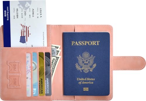 Passport Holder, Passport Cover with Credit Card Slot and Boarding Pass Slot Combo, Passport Wallet Case Book Travel Must Have, RFID Blocking Leather Travel Accessories, Pink - color: Pink