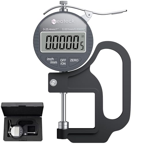 Neoteck Digital Thickness Gauge 1inch/25.4mm,0.00005inch/0.001mm Accuracy | with LCD Display, Inch/MM Conversion ,One-Hand Quick Press Thickness Measuring Tool for Leather Paper Fabric Film -Grey - color: Silver-grey, size: 0-1"/0.00005"