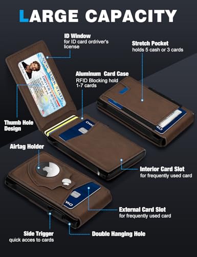 Airtag Wallet for Men, Mens Smart Wallet for Air Tag RFID Blocking, Minimalist Bifold Pop Up Aluminum Credit Card Case Holder 9-13 Cards with ID Window & Stretchable Cash Slot, No Airtag Included - color: Brown