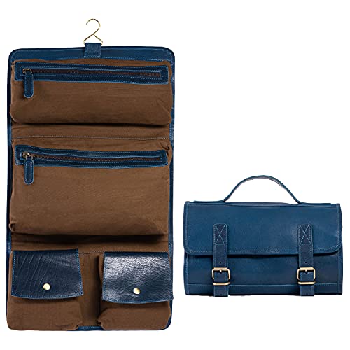 KomalC Premium Buffalo Leather Hanging Toiletry Bag Travel Dopp Kit - color: Ink Blue