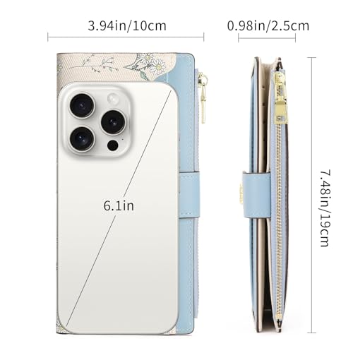 GAEKEAO Womens Wallet Slim Thin RFID Blocking Floral Vegan Leather Card Holder Bifold Long Ladies Wallet with Zipper Pocket - color: Blue