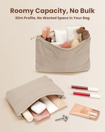 Wandering Nature Small Makeup Bag 2 Pack Cosmetic Bag for Purse, Puffer Quilted Makeup Pouch, Cute Travel Pouch with Zipper for Women, Khaqi - color: Khaqi