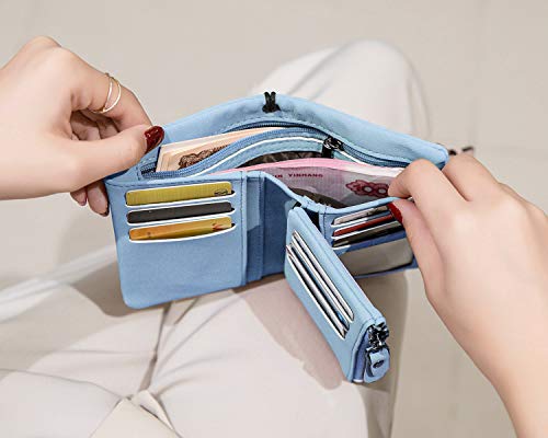 AOXONEL Women's Small Bifold Leather wallet Rfid blocking Ladies Wristlet with Card holder id window Coin Purse - color: Light Blue3