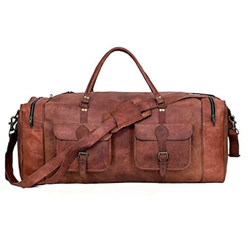 Leather Duffle Bag for Men Luggage Handmade Travel Bag Carry On Luggage Weekender Bags Overnight Gym Sports Cabin Holdall Bag For Airplanes Men And Women (30 Inch Brown) - size: 30 inch