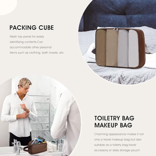 3PCS Faux Leather Weekender Bag for Women Men Travel Bag Overnight Bags | Leather Travel Duffel Bags for Traveling with Shoe Compartment Toiletry Packing Cube Carry On Tote Bag Men Fit 21.5" Laptop - color: Coffee