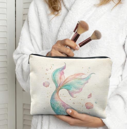 Coastal Beach Mermaid Tail Makeup Bag for Women | Mermaid Gifts for Women,Glitter Blue and Pink Ocean Mermaid Tail Seashell Cosmetic Toiletry Bag Zipper Pouch - color: Mermaid Tail Seashell