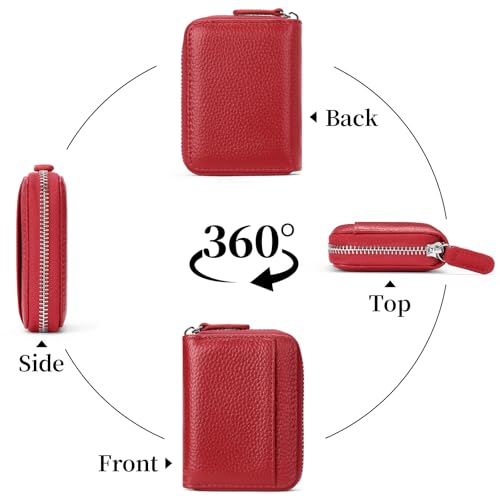 SENDEFN RFID Credit Card Holder for Women Small Leather Zipper Card Case Wallet 15 Slots - color: J-Red